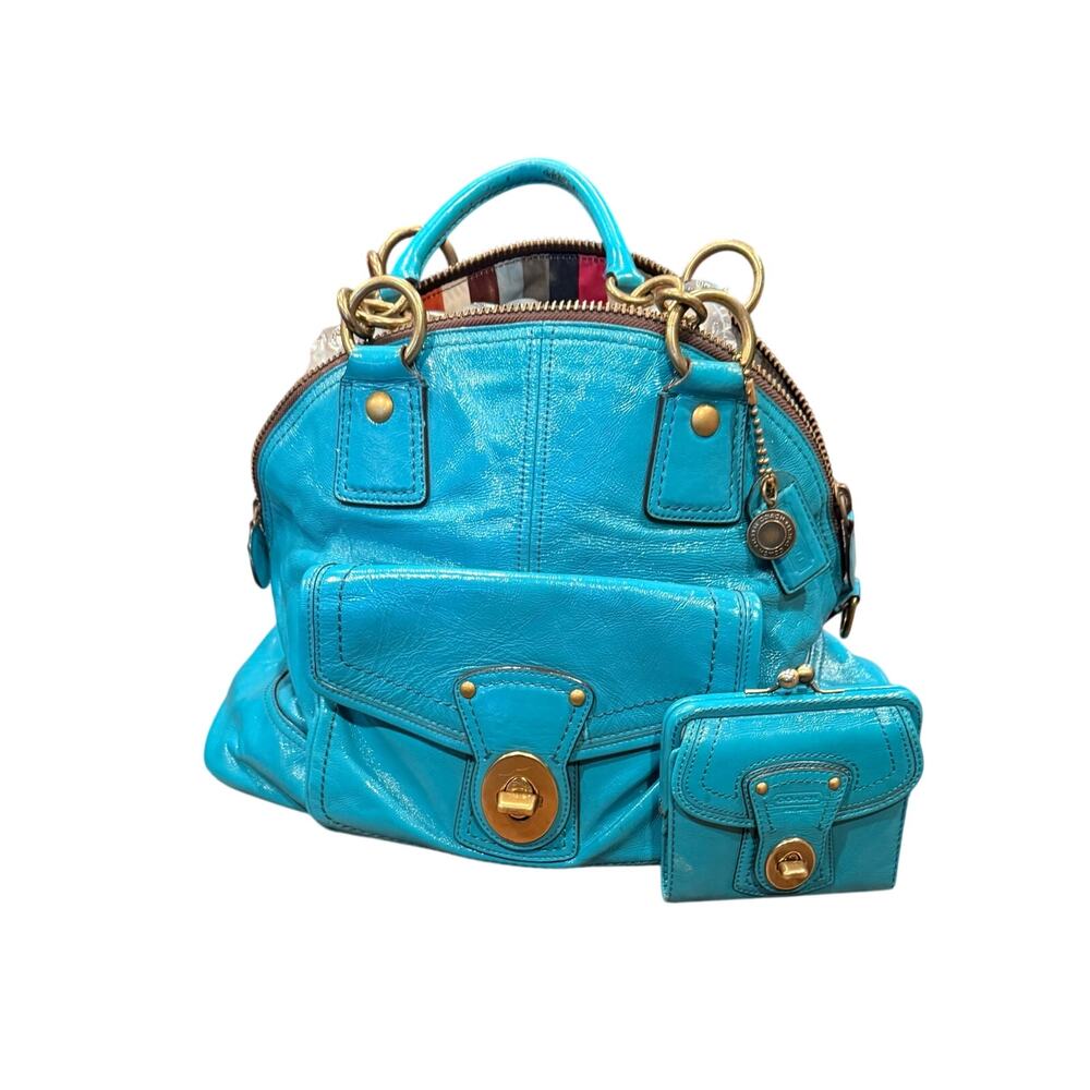 Coach Legacy Turquoise Patent Leather Francine with matching kiss lock wallet